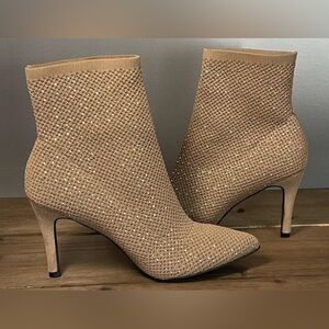 Mia  Mercy Sock Bootie Size 9.5 Taupe Stretch Stiletto Rhinestones Stiletto